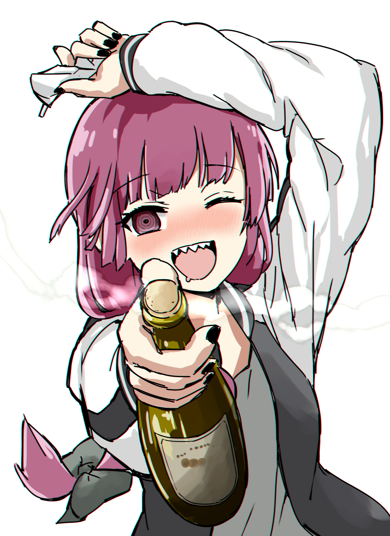 1girl, @_@, black_nails, blush, bocchi_the_rock!, bottle, hiroi_kikuri, holding, holding_bottle, jacket, looking_at_viewer, only_my_railgun, open_clothes, open_jacket, open_mouth, purple_hair, sharp_teeth, simple_background, solo, teeth, torako_(toramaru), upper_body, white_background