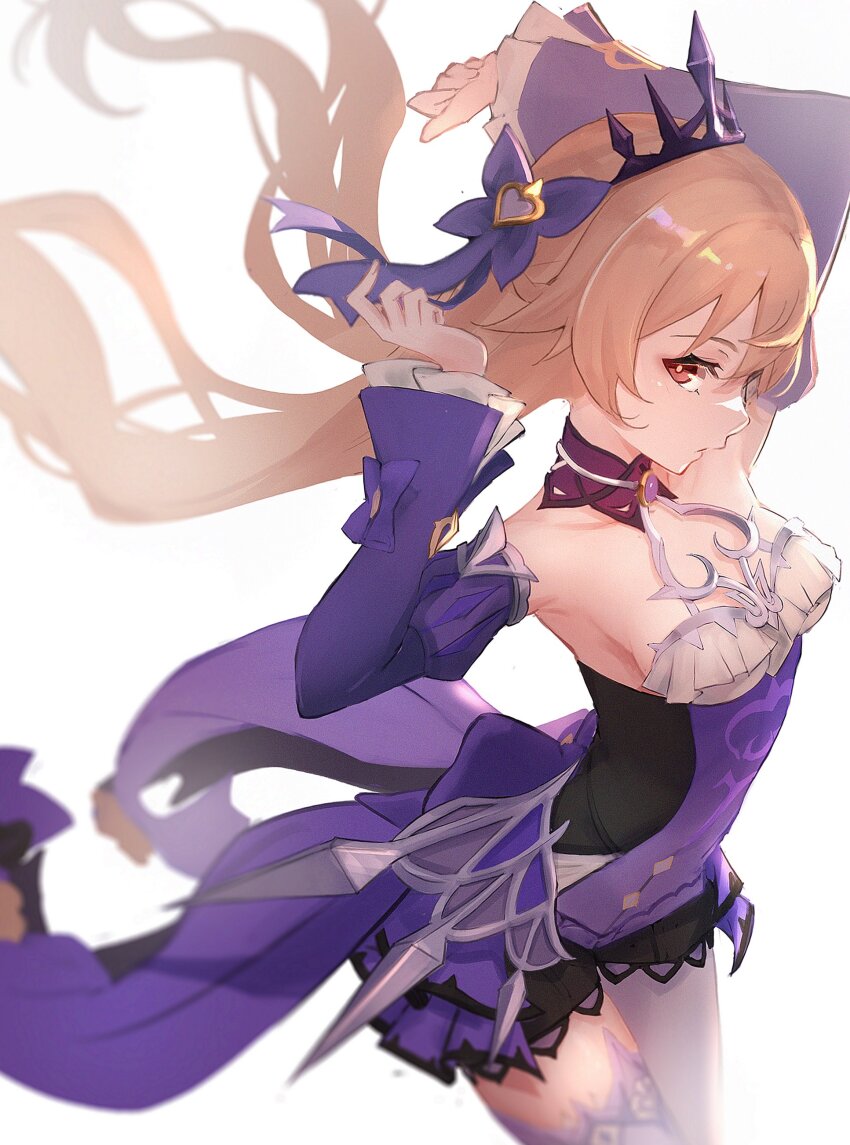 1girl, absurdres, alternate_eye_color, armpits, arms_up, blonde_hair, blurry, breasts