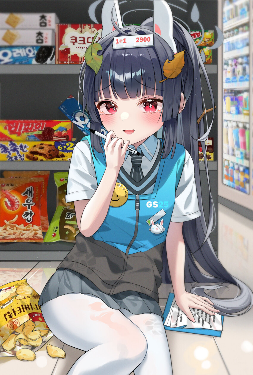 1girl, :d, absurdres, ahoge, aisle, animal_ears, arm_support, badge