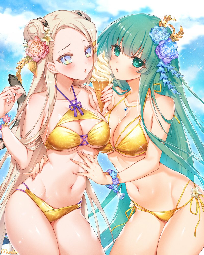 2girls, bare_shoulders, bikini, blonde_hair, blue_eyes, blue_flower, blue_rose, blue_sky, blush, bracelet, breasts, cloud, collarbone, commission, double_bun, flower, flower_bracelet, food, gold_bikini, green_eyes, green_hair, hair_bun, hair_flower, hair_ornament, holding, holding_food, holding_ice_cream, houjou_ujinori_(sengoku_bushouki_muramasa), ice_cream, ice_cream_cone, jewelry, looking_at_viewer, medium_breasts, multiple_girls, munlu_(wolupus), navel, necklace, purple_flower, purple_rose, red_flower, red_rose, rose, sengoku_bushouki_muramasa, side-tie_bikini_bottom, skeb_commission, sky, swimsuit, thighs, tokugawa_ieyasu_(sengoku_bushouki_muramasa)