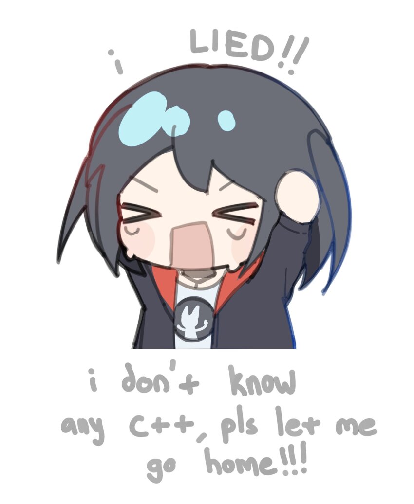 >_<, 1girl, annie_(anniewilump), arknights, black_hair, black_jacket, c++_(programming_language), chibi, chibi_only, closure_(arknights), commentary, cropped_torso, crying, english_commentary, english_text, hands_on_own_head, highres, jacket, long_hair, long_sleeves, open_clothes, open_jacket, programming_(topic), shirt, solo, tears, twintails, two-sided_fabric, two-sided_jacket, v-shaped_eyebrows, white_shirt