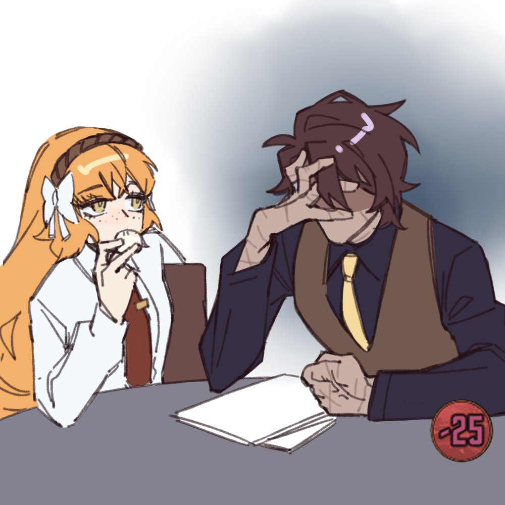 1boy, 1girl, anger_vein, black_shirt, bow, brown_hair, brown_hairband, clenched_hand