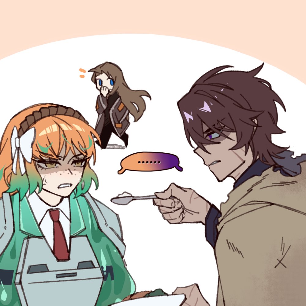 1boy, 2girls, angry, armor, black_shirt, brown_cloak, brown_hair, cloak