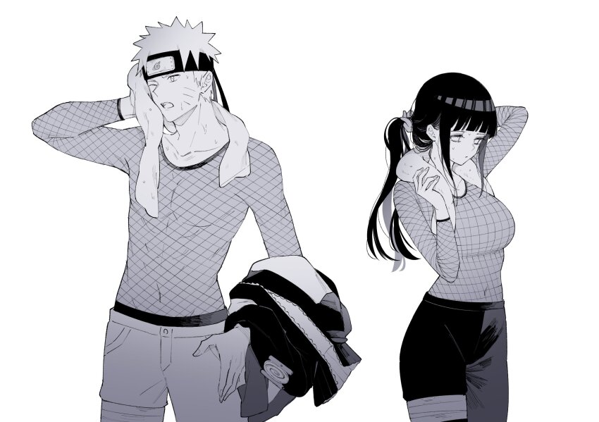 1boy, 1girl, abs, adjusting_hair, breasts, cowboy_shot, facial_mark, fishnet_top