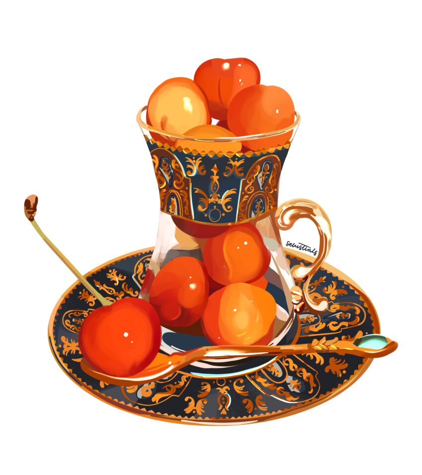 cherry, commentary, english_commentary, food, food_focus, fruit, glass, highres, no_humans, original, saucer, selustials, signature, simple_background, spoon, white_background