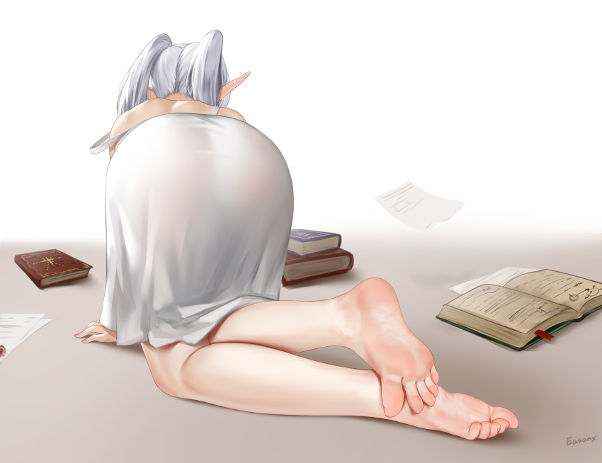1girl, absurdres, artist_name, ass, back, barefoot, book, commentary_request