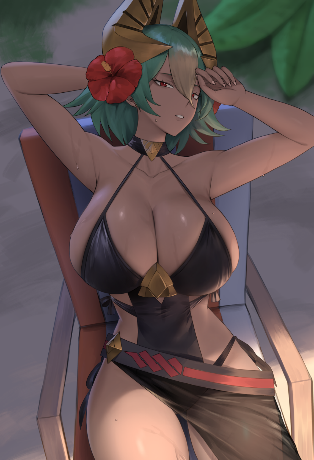 1girl, armpits, arms_behind_head, beach, beach_chair, black_one-piece_swimsuit, breasts, cleavage, dark-skinned_female, dark_skin, fire_emblem, fire_emblem_heroes, flower, foliage, gold_horns, gradient_hair, green_hair, hair_flower, hair_ornament, hibiscus, highres, huge_breasts, laegjarn_(fire_emblem), laegjarn_(summer)_(fire_emblem), lips, looking_at_viewer, multicolored_hair, nintendo, official_alternate_costume, one-piece_swimsuit, orange_hair, parted_lips, red_eyes, sand, sarong, seductive_gaze, shade, short_hair, shou_illust, side-tie_swimsuit, sideboob, sitting, solo, sunbathing, swimsuit, teeth