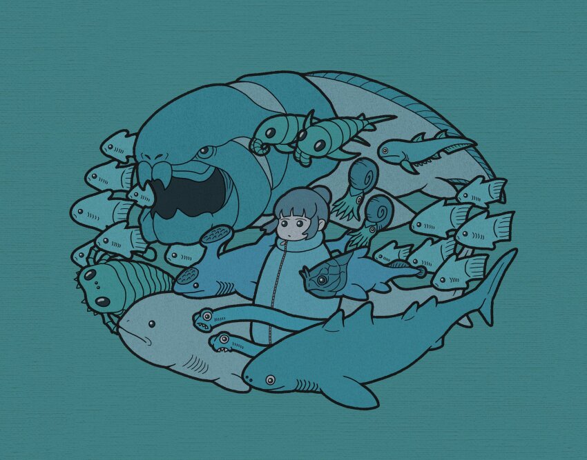1girl, animal_request, coat, conodont, dunkleosteus, eel, fish, furcacauda