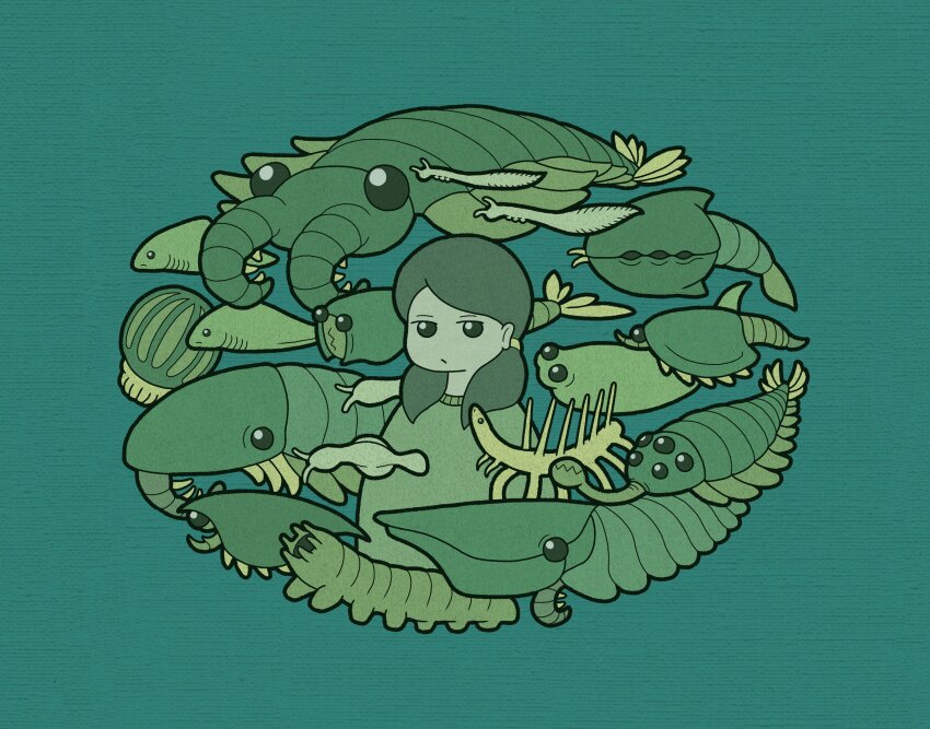 1girl, absurdres, animal, animal_request, anomalocaris, commentary, fish, green_theme
