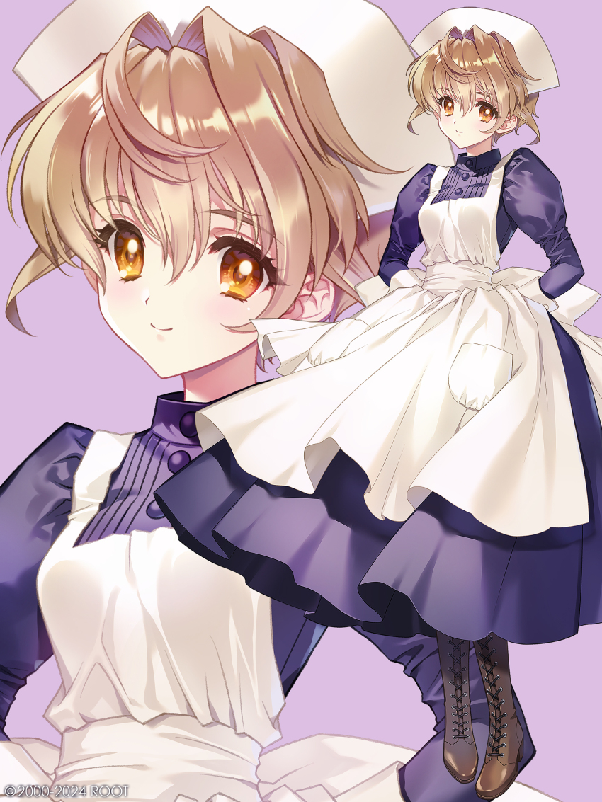 1girl, absurdres, apron, arms_behind_back, black_dress, blonde_hair, boots, carnelian