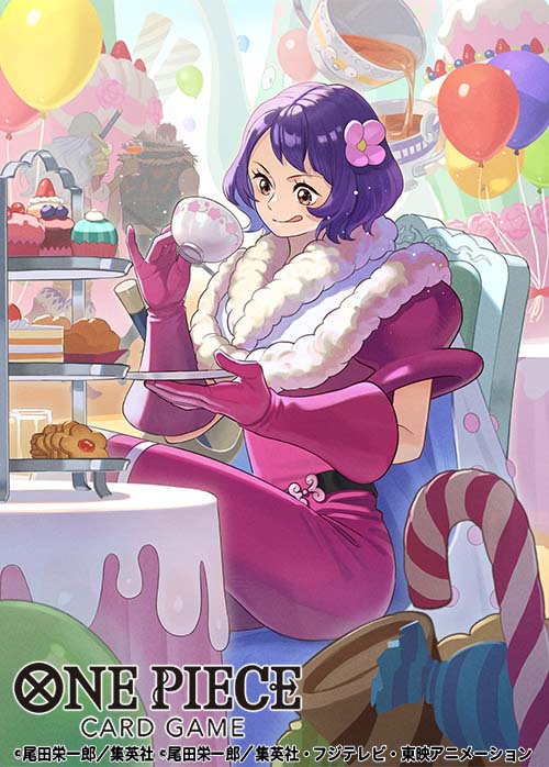1girl, balloon, candy, candy_cane, charlotte_custard, commentary_request, crossed_legs, cup