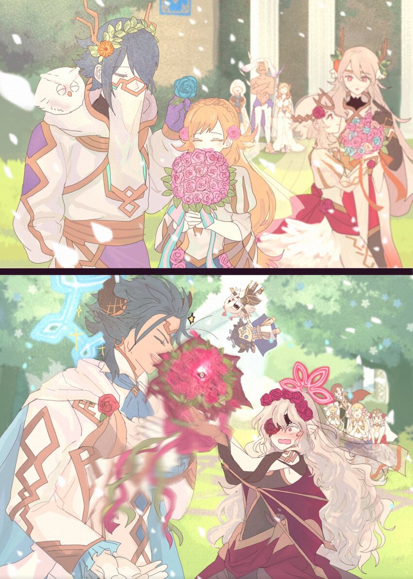 5boys, 6+girls, artist_request, ash_(fire_emblem), askr_(fire_emblem), blonde_hair, bouquet, braid, bridal_veil, cape, chibi, collar, crown_braid, dress, elm_(fire_emblem), embla_(closed-off_bride)_(fire_emblem), embla_(fire_emblem), eyepatch, falling_petals, feh_(fire_emblem_heroes), fire_emblem, fire_emblem_heroes, flower, full_body, gloves, green_eyes, hair_flower, hair_ornament, halo, halo_behind_head, hand_on_own_chest, henriette_(fire_emblem), highres, horns, kiran_(fire_emblem), long_hair, multiple_boys, multiple_girls, bruno_(fire_emblem), nintendo, official_alternate_costume, open_mouth, outdoors, petals, pink_hair, red_eyes, ribbon, sharena_(bride)_(fire_emblem), sharena_(fire_emblem), smile, sparkling_eyes, standing, stuffed_toy, tagme, thrasir_(fire_emblem), tiara, veil, veronica_(bride)_(fire_emblem), veronica_(fire_emblem), wedding_dress