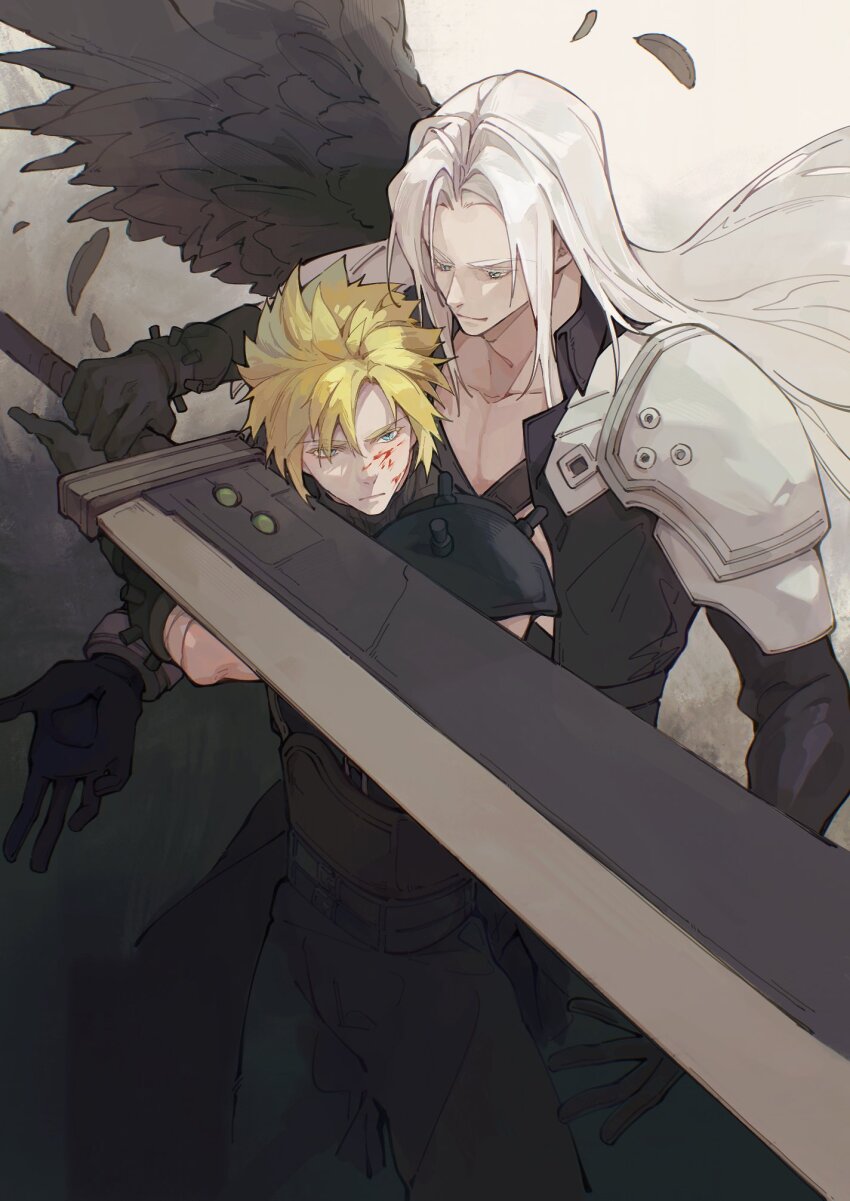 2boys, aqua_eyes, armor, bandaged_arm, bandages, belt, black_coat, black_feathers