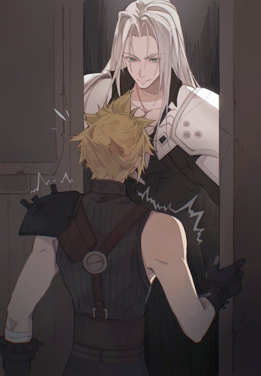 2boys, armor, belt, black_coat, black_gloves, blonde_hair, blue_pants, blue_shirt