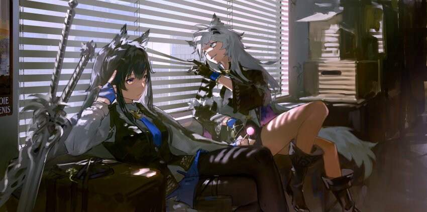 2girls, absurdres, animal_ear_fluff, animal_ears, arknights, black_footwear, black_gloves, black_jacket, black_vest, blue_eyes, blue_gloves, box, candy, collared_shirt, couch, fingerless_gloves, food, gloves, grey_hair, highres, index_finger_raised, jacket, kou_zhua, lappland_(arknights), lappland_(refined_horrormare)_(arknights), lollipop, long_hair, looking_outside, multiple_girls, official_alternate_costume, scar, scar_across_eye, scar_on_face, shirt, sitting, sword, texas_(arknights), texas_the_omertosa_(arknights), texas_the_omertosa_(wingbreaker)_(arknights), vest, weapon, white_shirt, window, window_blinds, wolf_ears, wolf_girl, yellow_eyes