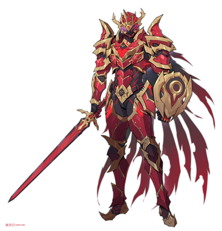 armor, artist_name, buckler, cape, evil_king_(king-ohger), full_body, highres, holding