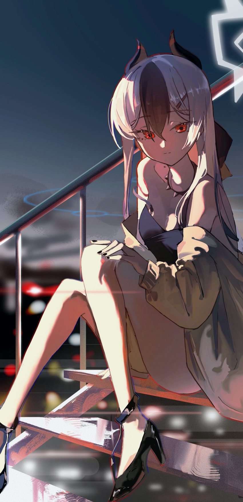 1girl, absurdres, bare_shoulders, black_dress, black_footwear, black_hair, black_horns, black_nails