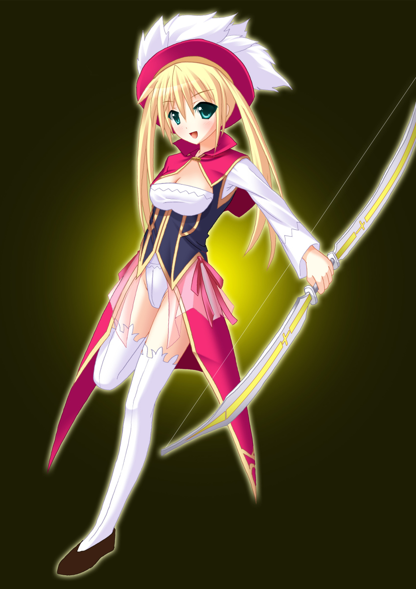 1girl, akarin_(sakuraakarin), blonde_hair, blue_eyes, bow_(weapon), breasts, cleavage, female_focus