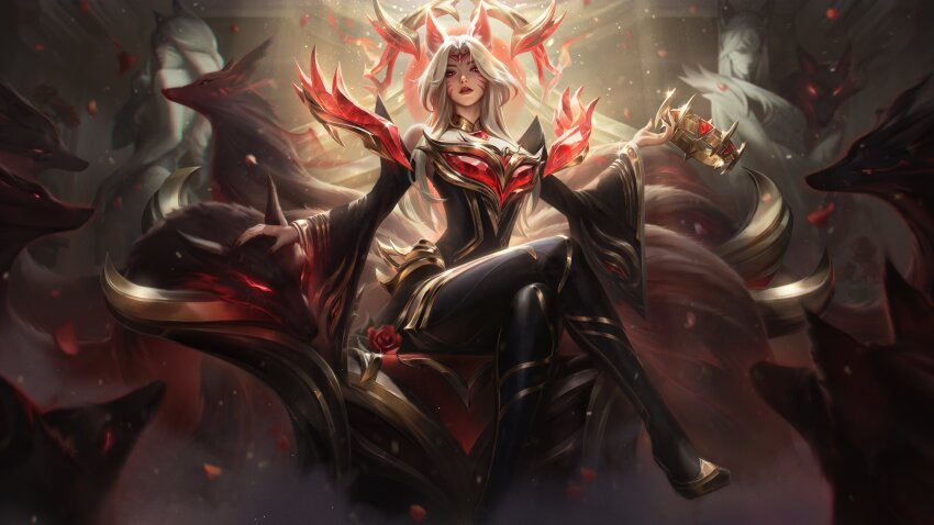 1girl, absurdres, ahri_(league_of_legends), animal_ears, commentary, crossed_legs, crown, detached_sleeves