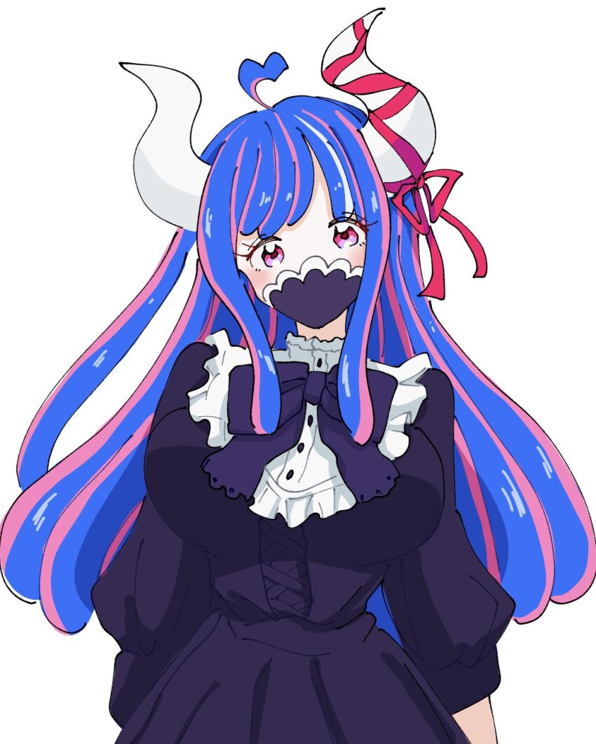 0h_my_god, 1girl, ahoge, black_dress, blue_hair, commentary_request, cowboy_shot, dress, highres, horns, long_hair, looking_at_viewer, mask, mouth_mask, multicolored_hair, one_piece, pink_eyes, pink_hair, red_ribbon, ribbon, sidelocks, simple_background, solo, two-tone_hair, ulti_(one_piece), white_background, white_horns
