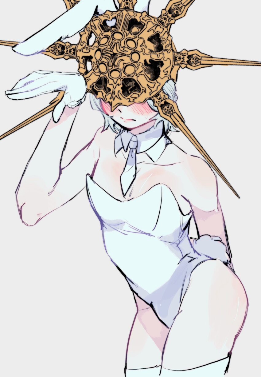 1boy, animal_ears, blush, closed_mouth, collarbone, cowboy_shot, crossdressing, crossdressing_(mtf), dark_souls_(series), dark_souls_i, dark_sun_gwyndolin, detached_collar, gloves, hand_up, highres, leotard, necktie, rabbit_ears, rabbit_tail, simple_background, smile, solo, spiked_helmet, tail, thighhighs, trap, white_gloves, white_leotard, white_necktie, white_thighhighs, zunkome