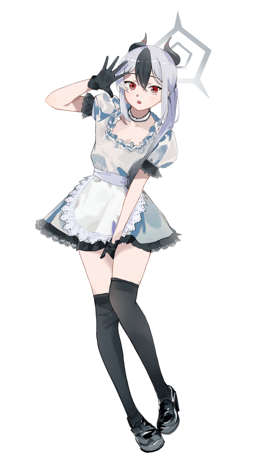 1girl, absurdres, alternate_costume, apron, aqua_dress, between_legs, black_gloves, black_hair