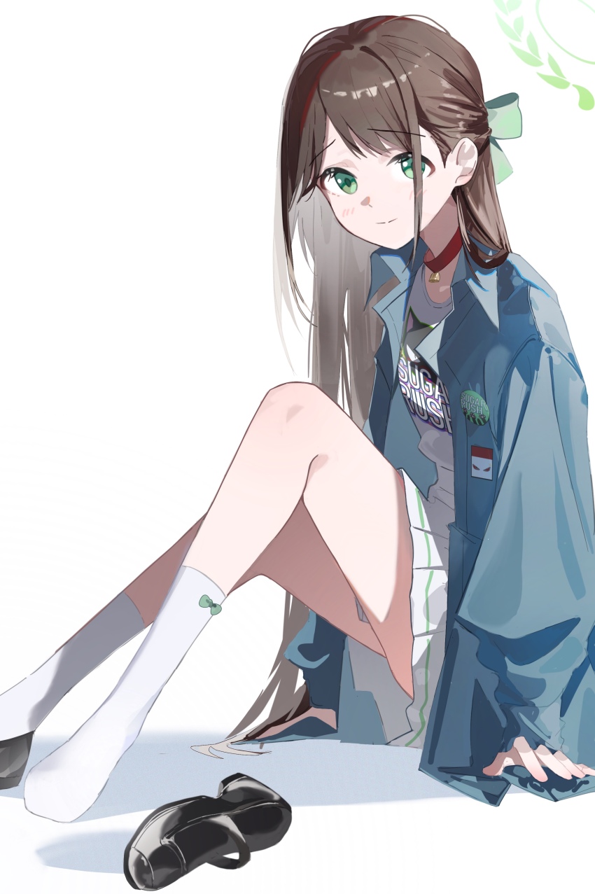 1girl, absurdres, airi_(band)_(blue_archive), airi_(blue_archive), black_shoes, blue_archive, blue_jacket, brown_hair, choker, closed_mouth, collared_jacket, commentary_request, green_eyes, green_halo, halo, highres, jacket, knee_up, long_hair, long_sleeves, looking_at_viewer, official_alternate_costume, open_clothes, open_jacket, pleated_skirt, red_choker, shirt, shoes, shuxiuxiao, simple_background, sitting, skirt, smile, socks, solo, unworn_shoes, white_background, white_shirt, white_skirt, white_socks