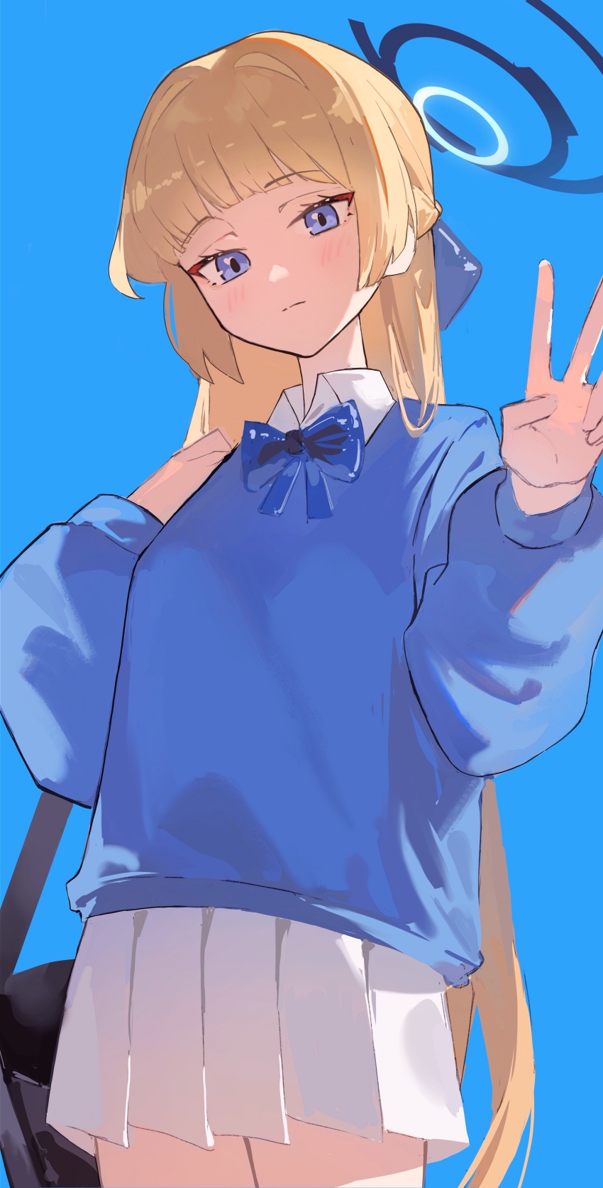 1girl, absurdres, blonde_hair, blue_archive, blue_background, blue_eyes, blue_halo, blue_jacket, blunt_bangs, blush, closed_mouth, commentary_request, cowboy_shot, halo, hands_up, highres, jacket, long_hair, long_sleeves, looking_at_viewer, looking_down, pleated_skirt, school_uniform, shuxiuxiao, simple_background, skirt, solo, standing, toki_(blue_archive), v, white_skirt