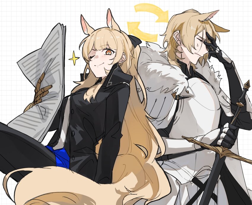 1boy, 1girl, absurdres, animal_ears, annoyed, arknights, armor, arrow_(symbol)