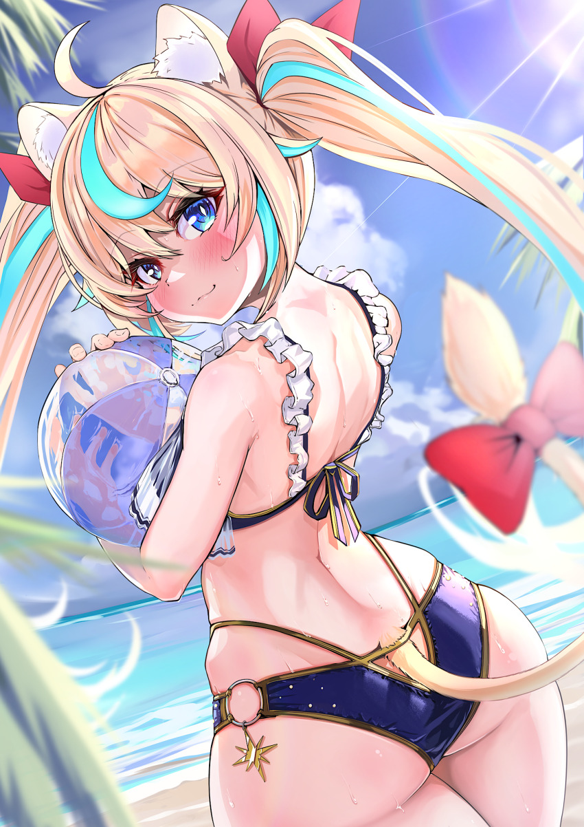 1girl, :3, ahoge, animal_ear_fluff, animal_ears, ass, atelier_fraulein, back, ball, bare_arms, bare_shoulders, beach, beachball, bikini, blonde_hair, blue_bikini, blue_eyes, blue_hair, blue_sky, blurry, blurry_foreground, blush, bow, bright_pupils, cat_ears, cat_girl, cat_tail, closed_mouth, cloud, cowboy_shot, dutch_angle, floating_hair, frilled_bikini, frills, from_behind, gold_trim, hair_between_eyes, hands_up, highres, holding, holding_ball, holding_beachball, horizon, kajimakoto, light_rays, long_hair, looking_at_viewer, looking_back, multi-strapped_bikini_bottom, multicolored_hair, o-ring, o-ring_bikini, ocean, outdoors, palm_tree, red_bow, shido_lio, skindentation, sky, smile, solo, streaked_hair, sunlight, sweat, swept_bangs, swimsuit, tail, tail_bow, tail_ornament, tail_raised, tree, turning_head, twintails, two-tone_hair, very_long_hair, virtual_youtuber, white_pupils, wide_hips