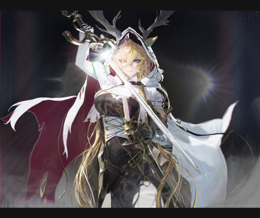 absurdres, animal_ears, antlers, horns_through_headwear, horns_through_hood, arknights, armored_gloves, black_background