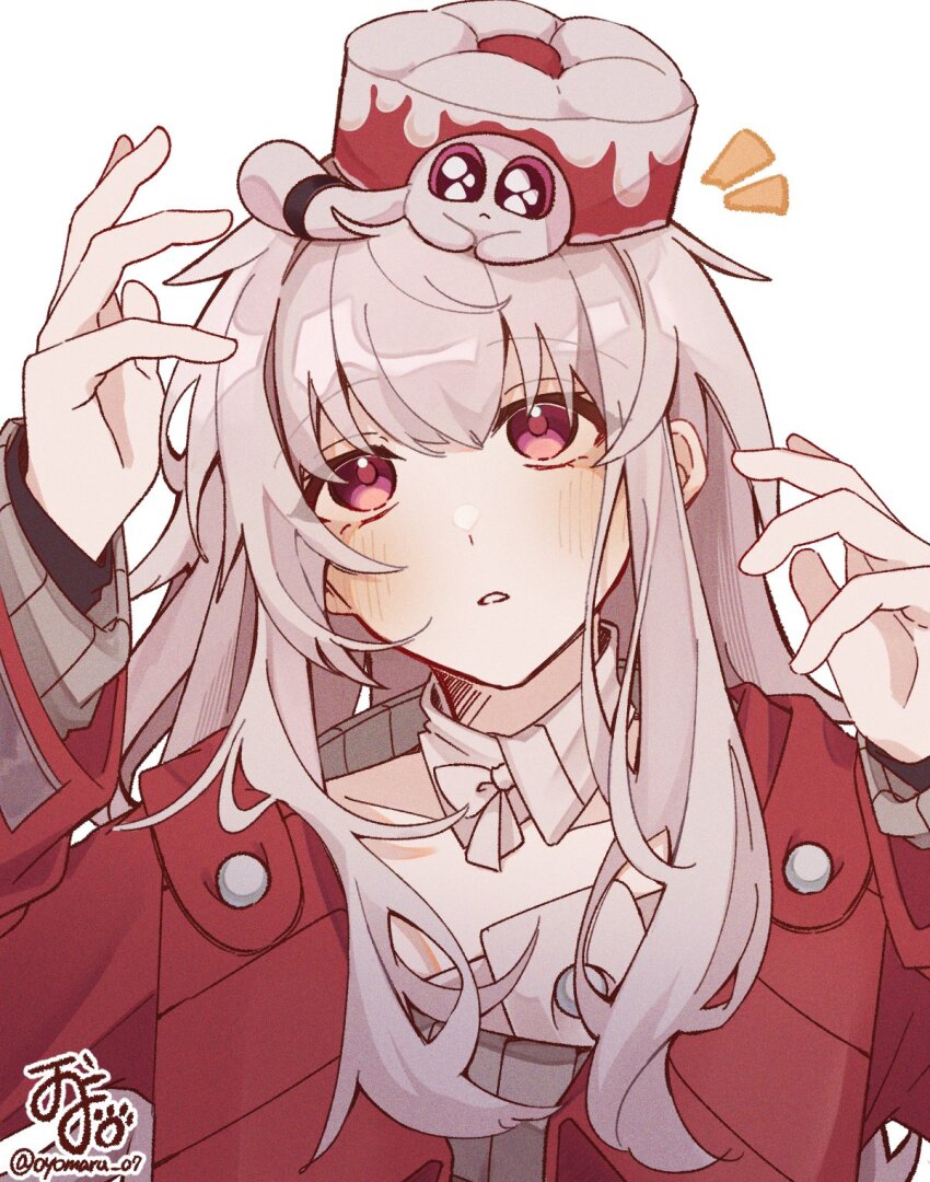 1girl, brown_sweater, clara_(honkai:_star_rail), clara_(pure_sugar_child)_(honkai:_star_rail), coat, grey_hair, highres, honkai:_star_rail, honkai_(series), long_hair, looking_up, on_head, oyomaru_07, purple_eyes, red_coat, signature, sweater, twitter_username, white_background