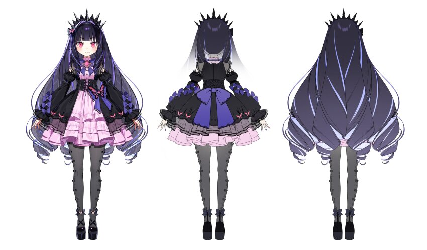 1girl, absurdres, arisu_oshiro, black_dress, black_footwear, black_hair, black_pantyhose, black_tiara, bow, bowtie, reference_sheet, closed_mouth, corset, dress, drill_hair, frilled_dress, frills, full_body, gothic_lolita, hachihito, highres, layered_dress, lolita_fashion, long_hair, looking_at_viewer, multicolored_hair, multiple_views, pantyhose, pink_dress, pink_eyes, pixellink, purple_bow, purple_bowtie, purple_hair, quad_drills, simple_background, smile, streaked_hair, tiara, two-tone_dress, very_long_hair, virtual_youtuber, white_background