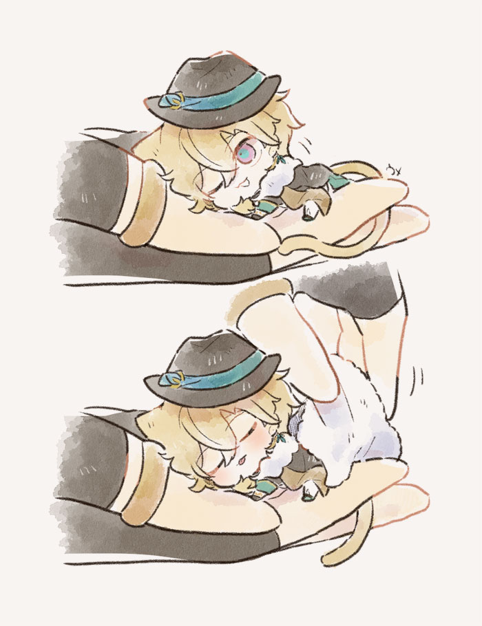 2boys, :3, animal_ears, aventurine_(honkai:_star_rail), black_coat, black_hat, blanket, blonde_hair