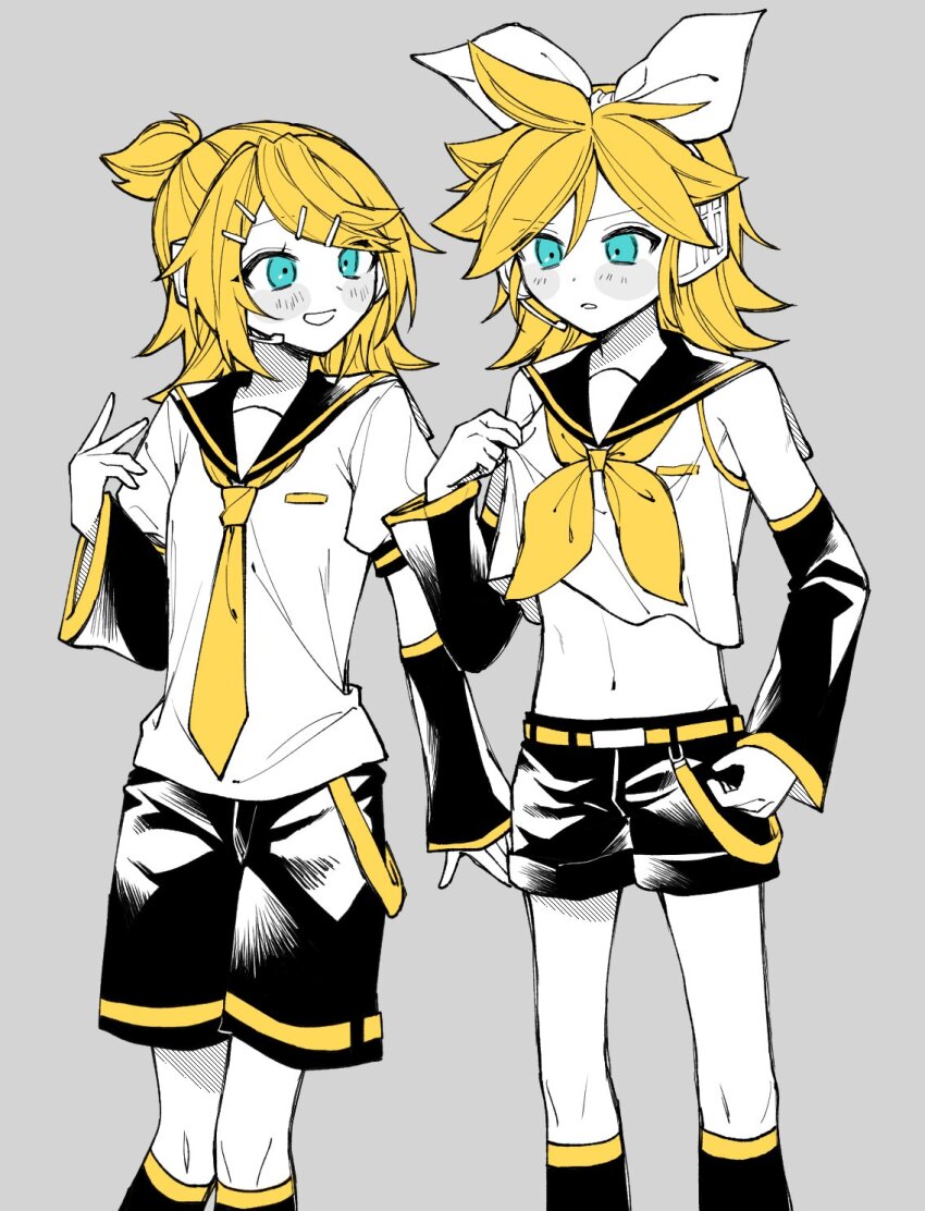 1boy, 1girl, aqua_eyes, armpit_crease, bare_shoulders, black_leg_warmers, black_sailor_collar, black_shorts