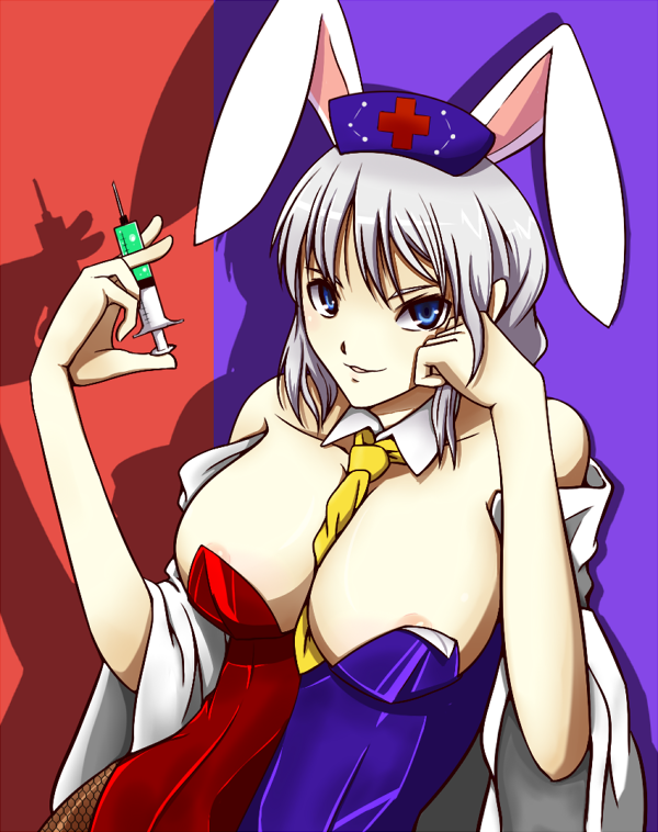 1girl, animal_ears, blue_eyes, breasts, rabbit_ears, playboy_bunny, cleavage, female_focus