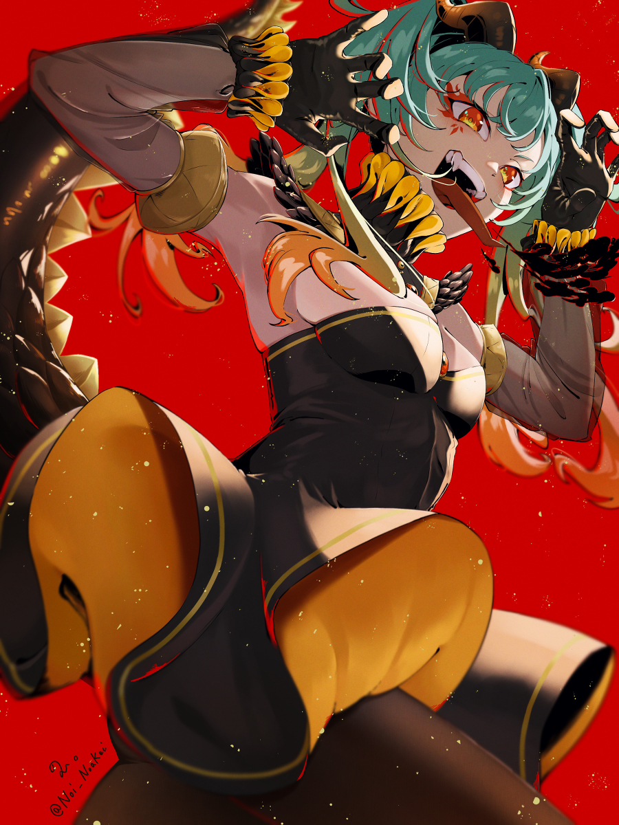1girl, fangs, hatsune_miku, highres, long_tongue, noi_noakei, salamander_(vocaloid), sharp_teeth