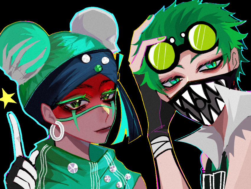 1boy, 1girl, apex_legends, black_background, black_gloves, black_headband, double_bun, facepaint