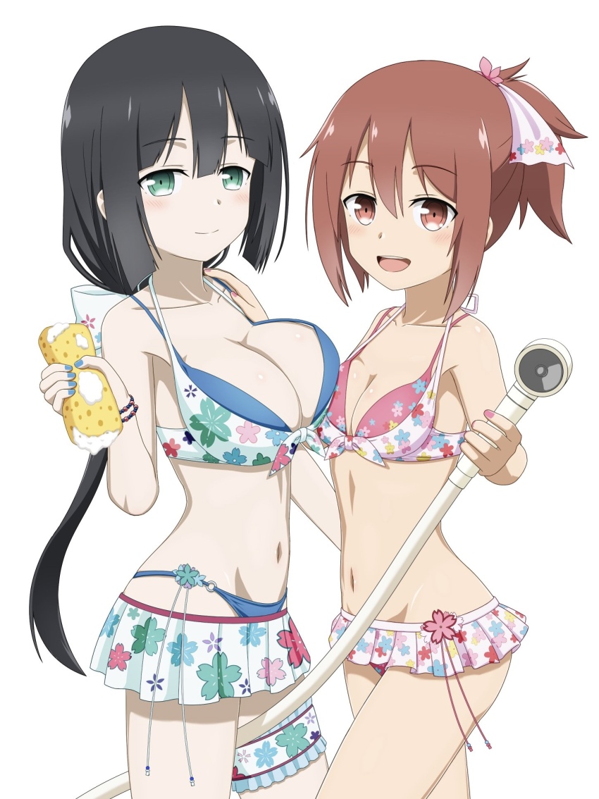 2girls, asymmetrical_docking, bikini, bikini_skirt, black_hair, blue_bikini, breast_press, breasts, brown_eyes, brown_hair, cleavage, cowboy_shot, green_eyes, highres, large_breasts, low_ponytail, multiple_girls, nail_polish, pink_bikini, ponytail, same-sex_bathing, shared_bathing, short_hair, shower_head, sidelocks, simple_background, small_breasts, sponge, swimsuit, titus_mirror, tougou_mimori, white_background, yuuki_yuuna, yuuki_yuuna_wa_yuusha_de_aru, yuusha_de_aru