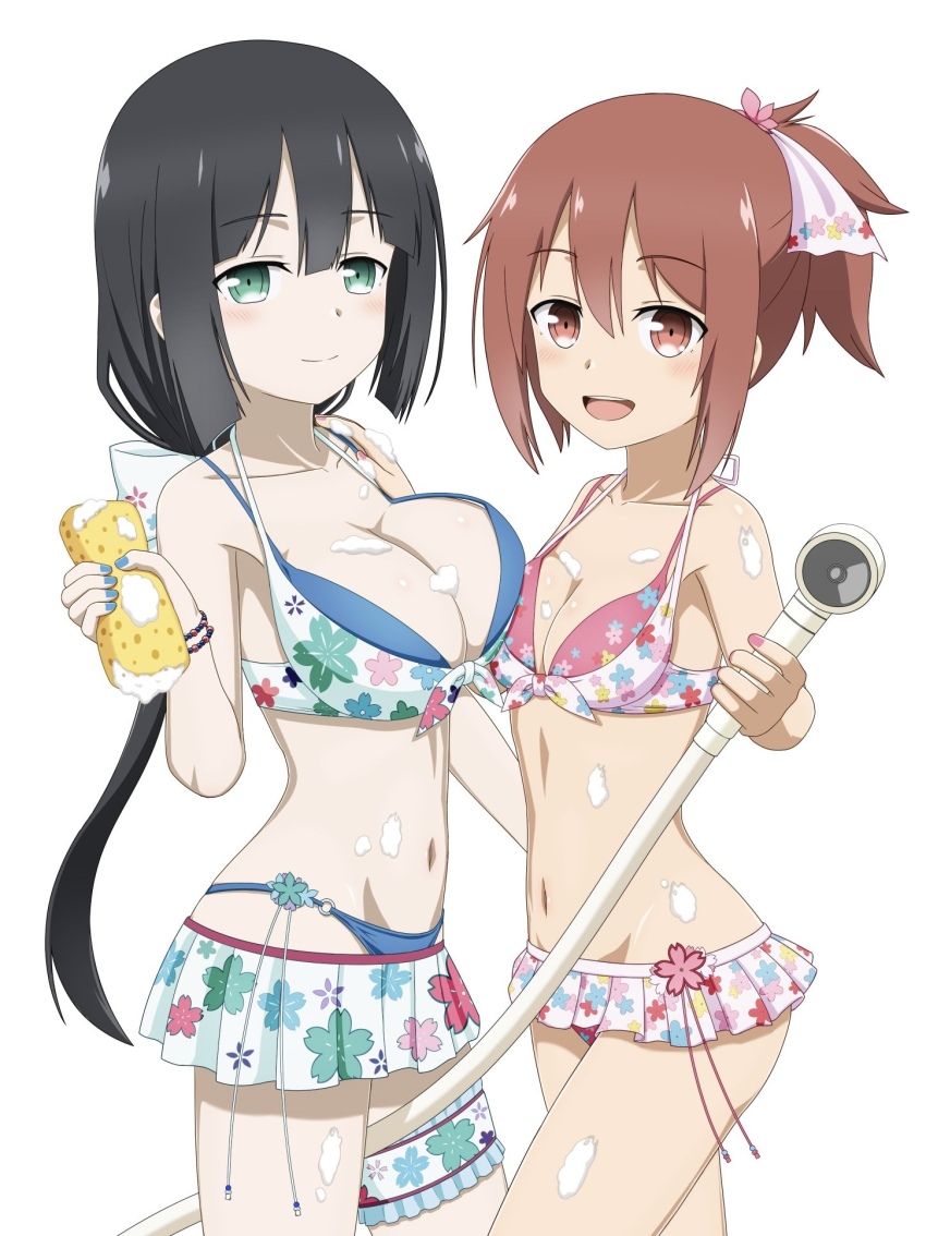 2girls, asymmetrical_docking, bikini, bikini_skirt, black_hair, blue_bikini, breast_press, breasts, brown_eyes, brown_hair, cleavage, cowboy_shot, green_eyes, highres, large_breasts, low_ponytail, multiple_girls, nail_polish, pink_bikini, ponytail, same-sex_bathing, shared_bathing, short_hair, shower_head, sidelocks, simple_background, small_breasts, sponge, swimsuit, titus_mirror, tougou_mimori, white_background, yuuki_yuuna, yuuki_yuuna_wa_yuusha_de_aru, yuusha_de_aru