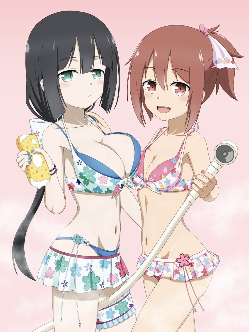 2girls, asymmetrical_docking, bikini, bikini_skirt, black_hair, blue_bikini, breast_press, breasts, brown_eyes, brown_hair, cleavage, commentary_request, cowboy_shot, gradient_background, green_eyes, highres, large_breasts, low_ponytail, multiple_girls, nail_polish, pink_background, pink_bikini, ponytail, same-sex_bathing, shared_bathing, short_hair, shower_head, sidelocks, small_breasts, soap_bubbles, sponge, swimsuit, titus_mirror, tougou_mimori, yuuki_yuuna, yuuki_yuuna_wa_yuusha_de_aru, yuusha_de_aru