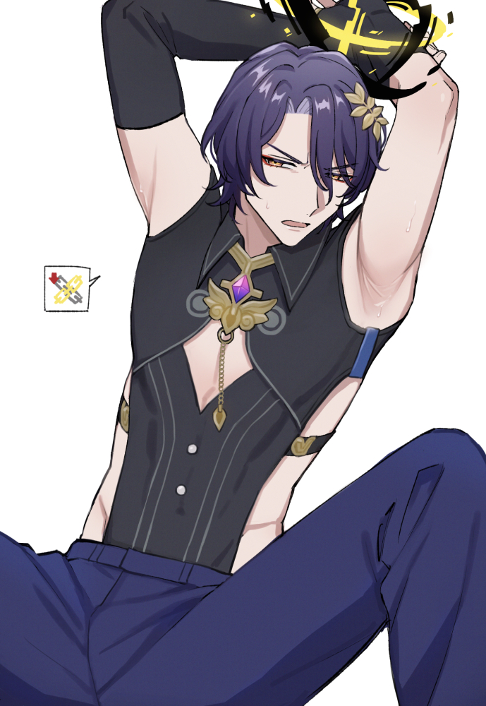1boy, annoyed, armpits, arms_up, black_shirt, blue_hair, blue_pants, brooch