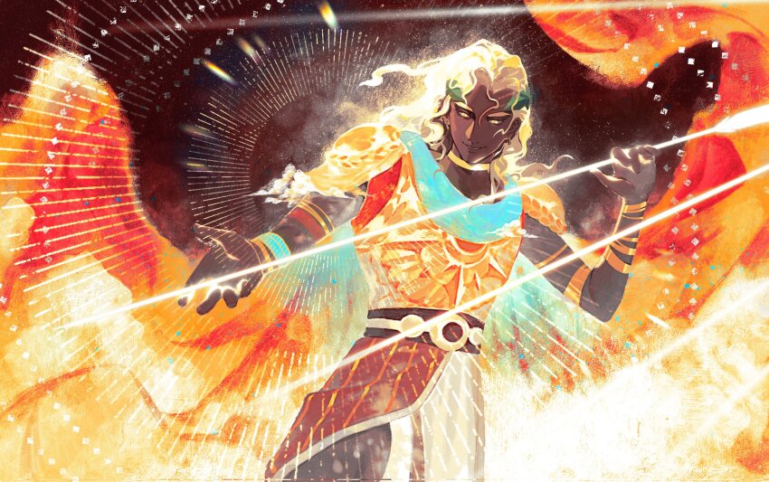 1boy, abstract_background, apollo_(hades), armor, belt, blonde_hair, bracelet, breastplate