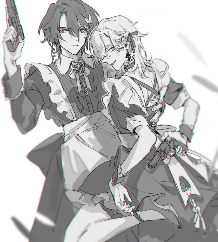 2boys, apron, aventurine_(honkai:_star_rail), belt_collar, collar, collared_dress, crossdressing, crossdressing_(mtf), dr._ratio_(honkai:_star_rail), dress, earpiece, earrings, gun, hair_ornament, hair_ribbon, hand_on_another's_back, holding, holding_gun, holding_weapon, honkai:_star_rail, honkai_(series), jewelry, leaf_hair_ornament, maid, male_maid, multiple_boys, neck_ribbon, neck_tattoo, onedayfour, ribbon, short_hair, spot_color, strappy_heels, tattoo, thigh_strap, trigger_discipline, weapon