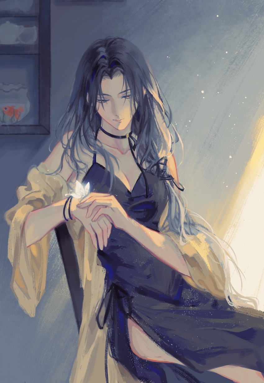 1girl, adapted_costume, angell_(path_to_nowhere), bare_shoulders, black_dress, black_hair, bracelet, breasts