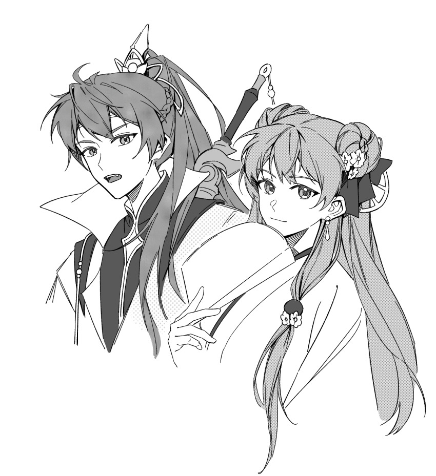 010-ddd, 1boy, 1girl, braid, character_request, chinese_clothes, chinese_commentary, closed_mouth, collared_jacket, collared_shirt, commentary_request, cropped_torso, double_bun, earrings, fang, floating_earrings, flower, folding_fan, greyscale, hair_bobbles, hair_bun, hair_flower, hair_ornament, hair_over_shoulder, hair_ribbon, hand_fan, hanfu, high_collar, highres, holding, holding_fan, jacket, jewelry, light_smile, long_hair, long_sleeves, looking_at_viewer, monochrome, open_mouth, ponytail, quan_zhi_gao_shou, ribbon, shirt, side_braid, sidelocks, simple_background, su_mucheng, sword, sword_on_back, teeth, upper_teeth_only, very_long_hair, weapon, weapon_on_back, white_background