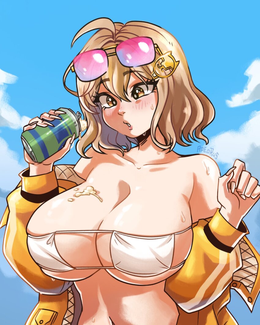 1girl, ahoge, anis_(nikke), anis_(sparkling_summer)_(nikke), apeorus, bare_shoulders, bikini, blonde_hair, blush, breasts, cleavage, collarbone, day, eyepatch_bikini, eyewear_on_head, goddess_of_victory:_nikke, highres, holding, jacket, large_breasts, off-shoulder_jacket, off_shoulder, official_alternate_costume, outdoors, pink-tinted_eyewear, short_hair, side-tie_bikini_bottom, skindentation, solo, spill, string_bikini, sunglasses, swimsuit, tinted_eyewear, white_bikini, yellow_eyes, yellow_jacket