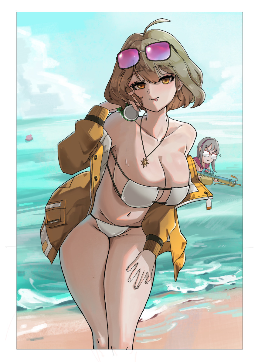 2girls, absurdres, ahoge, anis_(nikke), anis_(sparkling_summer)_(nikke), bare_shoulders, beach, bikini, blush, breasts, cleavage, collarbone, day, eyepatch_bikini, eyewear_on_head, glasses, goddess_of_victory:_nikke, grey_hair, highres, holding, jacket, jewelry, large_breasts, light_brown_hair, long_hair, looking_at_viewer, multiple_girls, necklace, neon_(blue_ocean)_(nikke), neon_(nikke), ocean, off-shoulder_jacket, off_shoulder, official_alternate_costume, orange_eyes, orange_jacket, outdoors, pink-tinted_eyewear, sand, short_hair, shouyou_(egcr8334), side-tie_bikini_bottom, string_bikini, sunglasses, sweat, swimsuit, tinted_eyewear, water, white_bikini