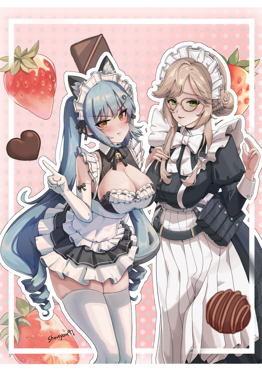 2girls, absurdres, ade_(nikke), animal_ears, apron, artist_name, black_dress, blonde_hair