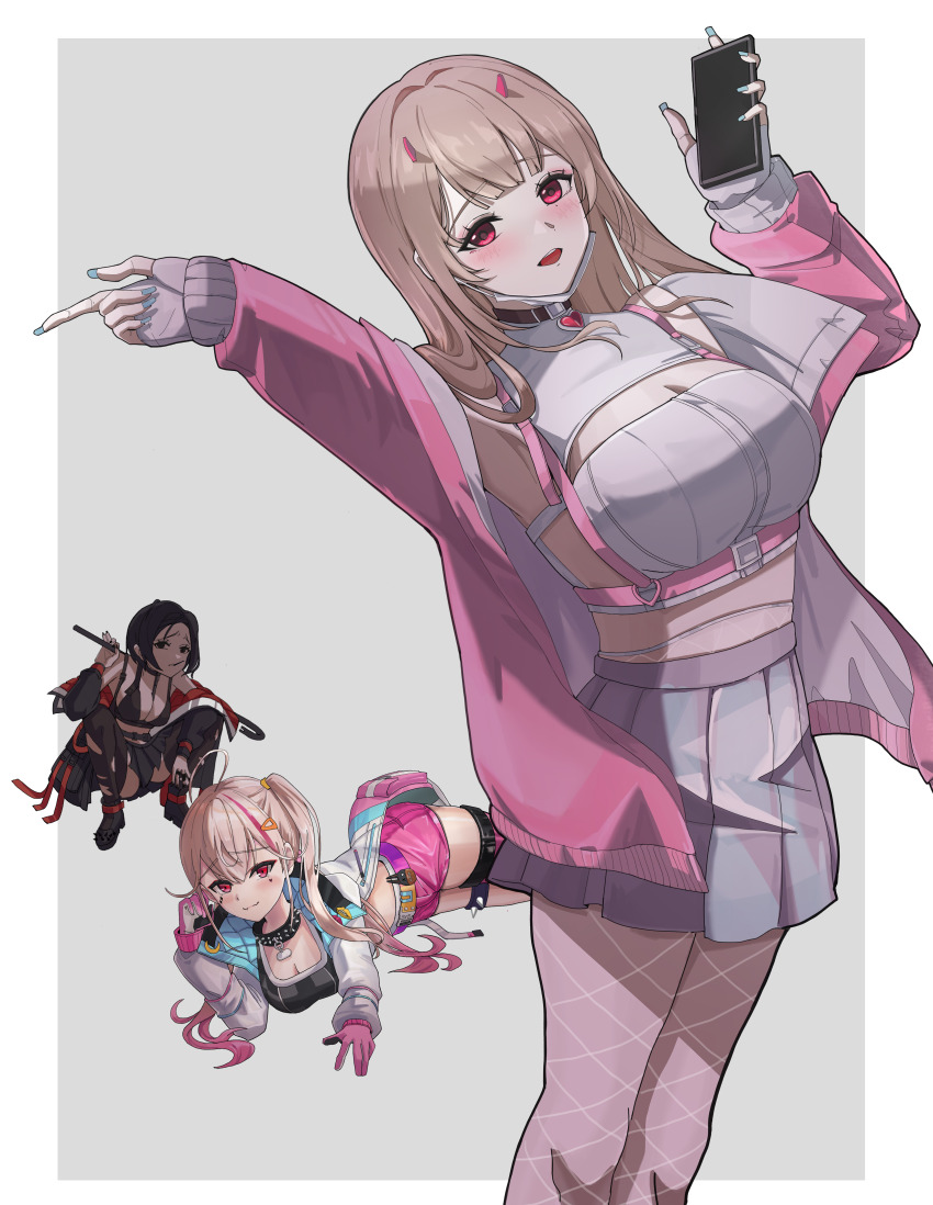 3girls, :d, absurdres, bare_shoulders, bikini, black_bikini, black_collar, black_hair